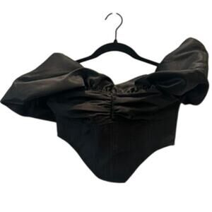 Nasty Gal – Satin Twill Bardot Puff Sleeve Corset Top – Black – 2